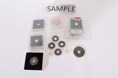 Lot 542 - World - mixed gold coins to include eight 24ct x ½gm each, Alderney 'VE Day 75th Anniversary', quarter sovereign (NB 22ct x 2gms), three 14ct x ½gm and one 7ct x ½gm (NB mostly with certificates of...