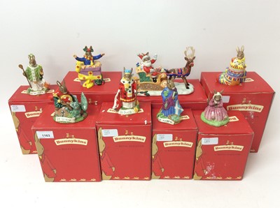 Lot 1163 - Eight Royal Doulton Bunnykins figures some limited edition - St George, St Patrick, St Andrew, St David, Polly, Little Stocking Filler and Christmas Surprise, all boxed