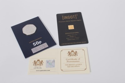 Lot 464 - G.B. - 'Kew Gardens' 50p coin 2019 (N.B. Re-issue) in presentation pack along with 24 carat gold ingot 2020 (weight 1gm) (2 items)