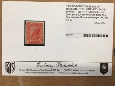 Lot 1437 - Stamps 1936 Coronation Essay by Harrisons The Humphrey Paget Effigy (Type 'N') 1½d m/m with gum 4 examples in Red, Green, Brown and Blue