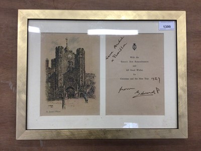 Lot 1526 - Autograph HRH Edward Prince of Wales (later HM King Edward VIII) inscribed and signed Christmas card 1927 with St James's Palace to cover in glazed frame