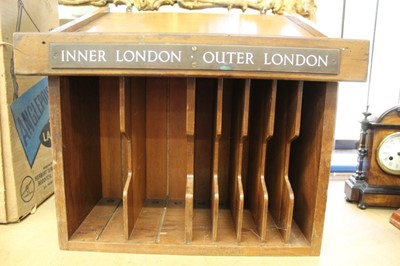 Lot 2399 - 20th century mahogany wall mounted office pigeon hole with brass plaque 'inner London, outer London'