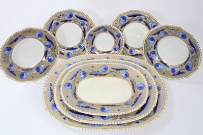 Lot 115 - Early 19th Century Bloor Derby part dinner service with blue floral and gilt borders.