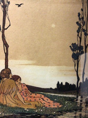 Lot 47 - Ruth Cartlidge (early 20th century) two Art Nouveau watercolours, figures beside a stream, 14 x 10cm, the second, traveller at dusk, signed, 17 x 27cm. N.B. Ruth Cartlidge was from a family of cera...