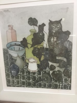 Lot 71 - Tiffany McNab (1964-2010) signed limited edition etching - 'Still life with wise Owl', 19/100, 55cm x 47cm, in glazed frame