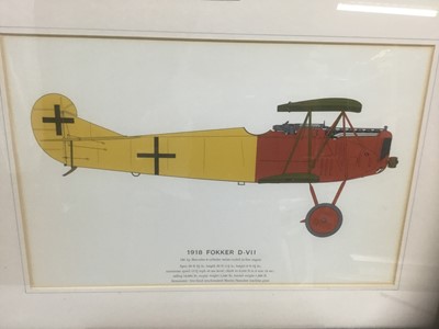 Lot 79 - Set of four coloured prints depicting early 20th century aeroplanes - 1909 Antoinette, 1917 Albatros, 1907/1909 Wright Flyer and 1918 Fokker, 28cm x 43cm, in glazed frames