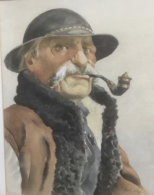 Lot 265 - Continental School, watercolour - portrait of a Tyrolean pipe smoking man, indistinctly signed, 41cm x 31cm, in glazed frame