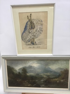 Lot 277 - Continental school, early 20th century, watercolour over print, can can girl, 31 x 22cm, together with an oil on canvas laid down onto board, highland landscape., 28 x 59cm, both framed