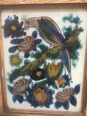 Lot 294 - Pair of early 20th century reverse painted pictures on glass depicting exotic birds among foliage, 27cm x 22cm overall