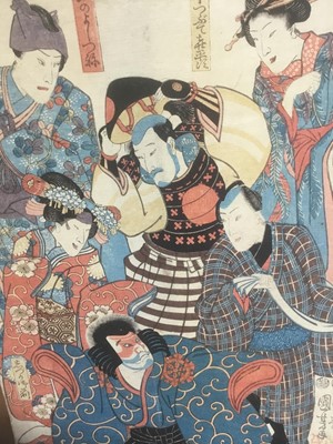 Lot 298 - 19th century Japanese woodblock - Utagawa Kuniyoshi, A Group of Actors, 1848, unframed, 37cm x 25cm