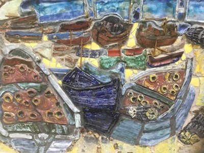 Lot 316 - Contemporary, late 20th century, ceramic and mixed media panel - Harbour view, 55cm x 61cm, in aluminium frame