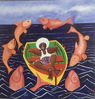 Lot 317 - Stanley Marek, late 20th century, oil on canvas - entitled "Sleeping Sambo's Jumping Fish Dream", signed, titled and dated 1998 verso, 61cm square, framed