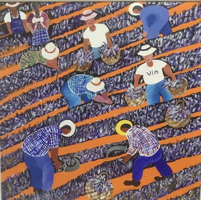 Lot 318 - Stanley Marek, late 20th century, oil on canvas - entitled "Working The Lavender on Hensons Hilltop Farm", signed, titled and dated 1998 verso, 66cm square