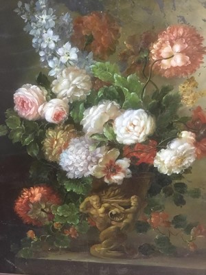 Lot 322 - Attributed to Thomas Webster, 20th century, oil on panel - still life profusion of summer flowers, 49cm x 39cm, framed