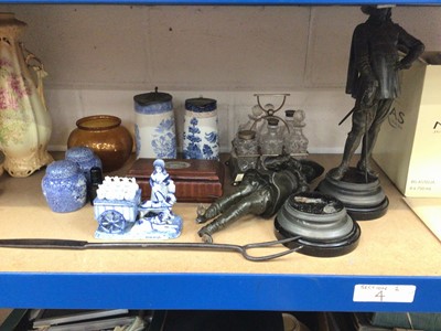 Lot 96 - Pair of spelter figures, cermics, toasting fork etc