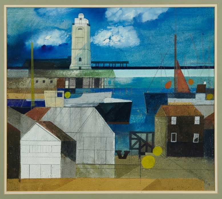 Lot 1099 - Henry Collins (1910-1994) mixed media, Tollesbury - coastal scene with tower, signed and dated ‘91