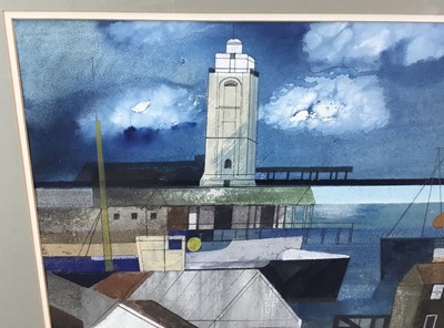 Lot 1099 - Henry Collins (1910-1994) mixed media, Tollesbury - coastal scene with tower, signed and dated ‘91