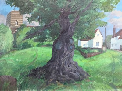 Lot 1100 - Henry Collins (1910-1994) oil on canvas, laid down onto board, ‘Old oak, Fingringhoe’, signed, inscribed and dated 1984 verso.