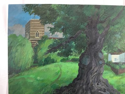 Lot 1100 - Henry Collins (1910-1994) oil on canvas, laid down onto board, ‘Old oak, Fingringhoe’, signed, inscribed and dated 1984 verso.