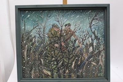 Lot 1294 - John W Farrington (b.1933) oil on canvas, figures in the snow, signed and dated, 50cm x 60cm, framed, Goldmark Gallery label verso