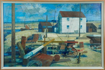 Lot 1098 - Henry Collins (1910-1994) oil and collage on board, Tollesbury harbour scene, signed and dated ‘87