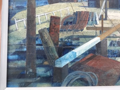 Lot 1098 - Henry Collins (1910-1994) oil and collage on board, Tollesbury harbour scene, signed and dated ‘87