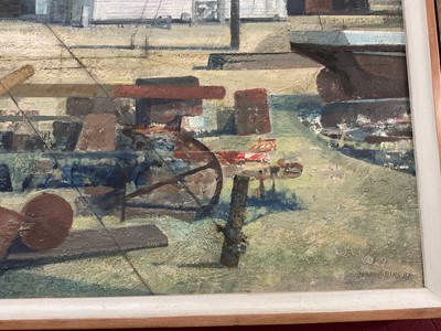 Lot 1098 - Henry Collins (1910-1994) oil and collage on board, Tollesbury harbour scene, signed and dated ‘87