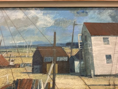 Lot 1098 - Henry Collins (1910-1994) oil and collage on board, Tollesbury harbour scene, signed and dated ‘87