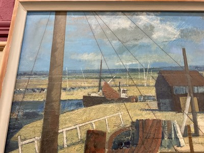 Lot 1098 - Henry Collins (1910-1994) oil and collage on board, Tollesbury harbour scene, signed and dated ‘87