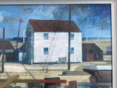 Lot 1098 - Henry Collins (1910-1994) oil and collage on board, Tollesbury harbour scene, signed and dated ‘87