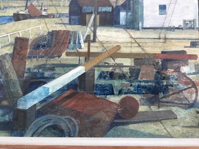Lot 1098 - Henry Collins (1910-1994) oil and collage on board, Tollesbury harbour scene, signed and dated ‘87