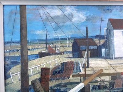 Lot 1098 - Henry Collins (1910-1994) oil and collage on board, Tollesbury harbour scene, signed and dated ‘87