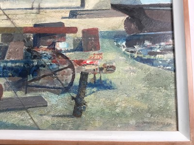 Lot 1098 - Henry Collins (1910-1994) oil and collage on board, Tollesbury harbour scene, signed and dated ‘87