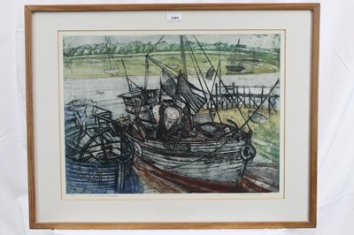 Lot 1101 - *Richard Bawden (b. 1936) etching and aquatint in colours, On the mud, Wivenhoe, signed and numbered 4/75.