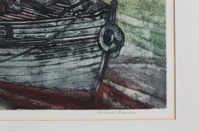 Lot 1101 - *Richard Bawden (b. 1936) etching and aquatint in colours, On the mud, Wivenhoe, signed and numbered 4/75.