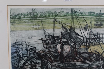 Lot 1101 - *Richard Bawden (b. 1936) etching and aquatint in colours, On the mud, Wivenhoe, signed and numbered 4/75.