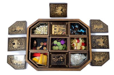 Lot 809 - Early 19th century Chinese black lacquered box, mother-of-pearl gaming counters