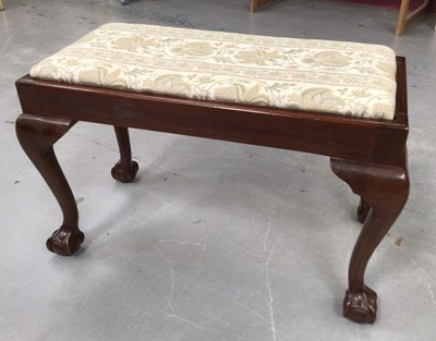 Lot 860 - 18th century style mahogany long stool, raised on cabriole legs and claw and ball feet