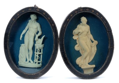Lot 788 - Pair of late 18th/early 19th century composition oval relief plaques depicting classical figures, in oval painted frames