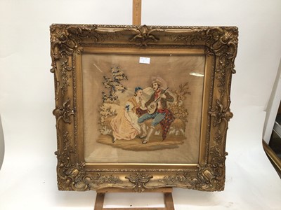 Lot 581 - 19th century tapestry panel depicting figures at a well, 60cm x 48cm, in 19th century gilt frame, two further tapestry pictures depicting romantic couples, Georgian silk and woolwork oval panel, a...
