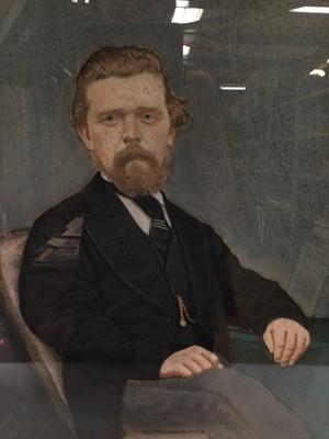 Lot 90 - English  School, Edwardian pastel portrait of a seated gentleman in black coat, 59cm x 46cm, in glazed gilt frame