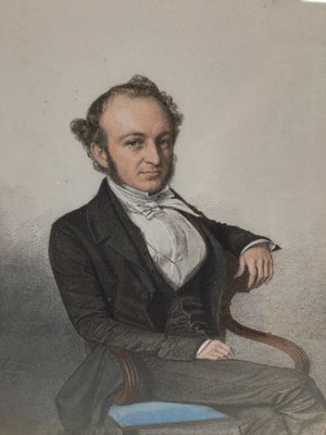 Lot 89 - Trio of mid 19th century pencil, pastel and watercolour portraits depicting members of the Carteret Carey family, a gentleman seated in a Regency chair and lady's seated in interiors, each indistin...