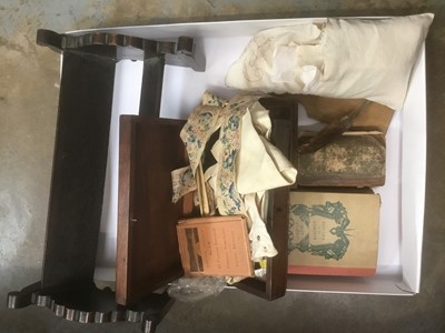 Lot 234 - Carved oak book stand, various textiles, postcards sundries