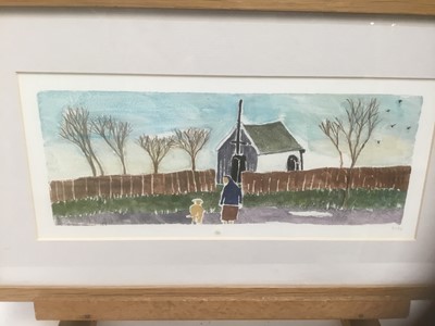 Lot 85 - Tessa Newcomb (b. 1951) monoprint - Figures before a church