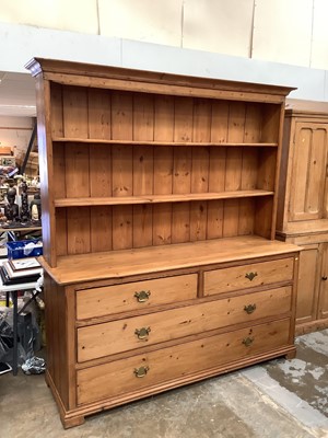 Lot 964 - Antique pine two height kitchen dresser with shelves above and two short and two long drawers