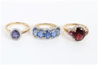 Lot 3279 - Three gold (9ct) diamond and gem set dress...