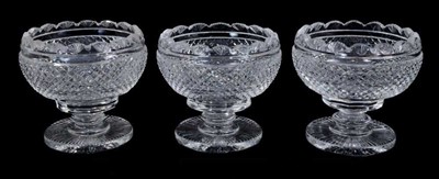 Lot 251 - Trio of good quality Waterford glass pedestal bowls, each with fan cut rims, hob-nail cut bodies and circular pedestal bases fan cut to the underside, each marked, 13cm high x 14cm diameter