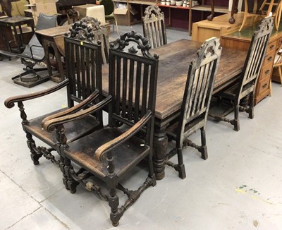 Lot 863 - Late Victorian carved oak refectory style table on large bulbous turned legs H70, W186, D117cm together with a set of six oak dining chairs including two carvers and four standards