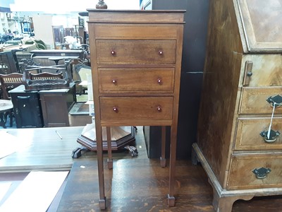 Lot 875 - Edwardian inlaid mahogany needlework cabinet with hinged lid and 3 drawers below on square taper legs