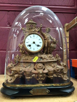 Lot 531 - 19th century French gilt spelter figural mantel clock, the enamel dial signed 'Dillon Paris', under a glass dome and on an ebonised stand with inscription for the 1887 Waterford Regatta, 40cm high...